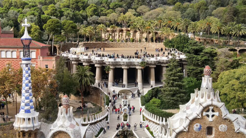 Park Guell drone cinematic view, Antonio Gaudi architecture - Starpik Stock