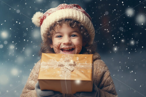 A boy holding a gift outside, in the winter - Starpik