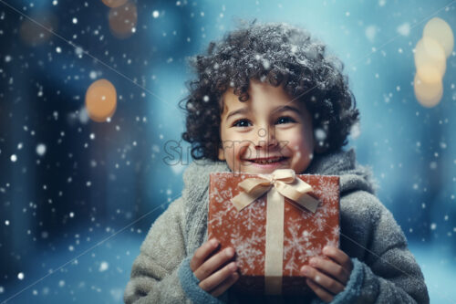 A boy holding a gift outside, in the winter - Starpik