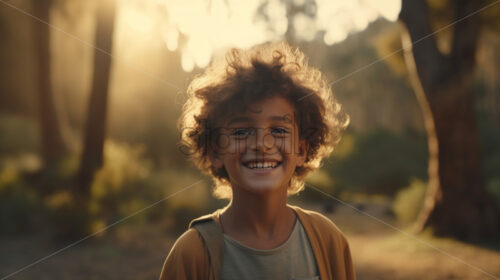 A boy smiles at the camera in the forest - Starpik