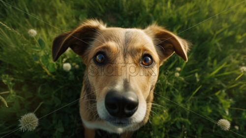 A dog in the grass looking up at the camera - Starpik