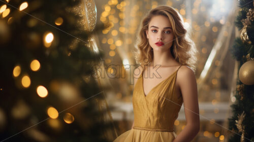 A girl in a golden dress in a Christmas atmosphere - Starpik