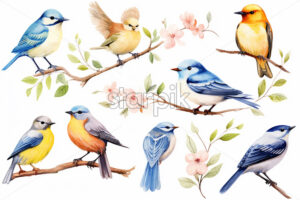 A set of birds on a white background, created in watercolor - Starpik