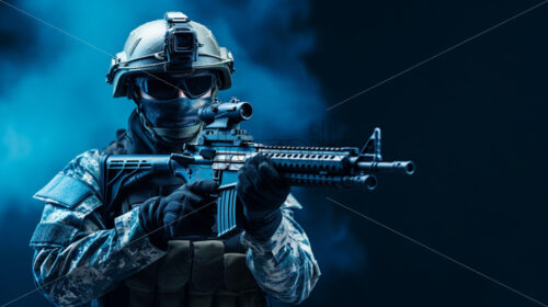 A soldier with a gun in his hand on a blue background - Starpik