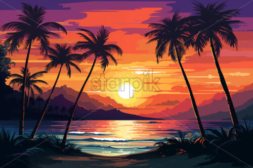 A sunset among palm trees on the seashore, vector drawing - Starpik