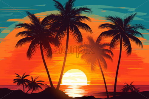 A sunset among palm trees on the seashore, vector drawing - Starpik