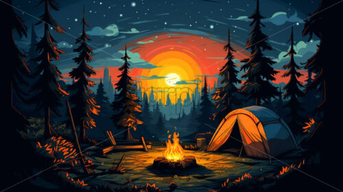 A tent and a fire in the forest, vector illustration - Starpik