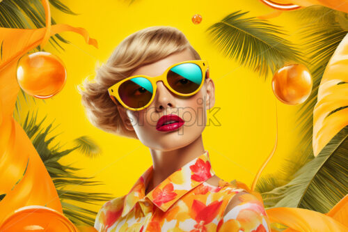 A tropical collage with a woman on a yellow background - Starpik