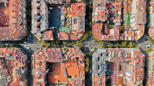 Aerial drone vertical view of Barcelona, Spain. City downtown with famous residential districts, greenery - Starpik