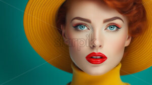 Beautiful woman in yellow hat over blue backgrounds - Starpik