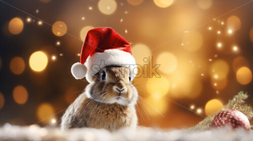 Christmas rabbit with Santa Klaus red hat in snow and toys - Starpik