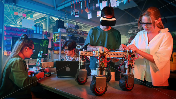 Group of teens doing experiments in robotics in a laboratory. Boys and girls in protective and VR glasses working with robots. Red and blue illumination - Starpik
