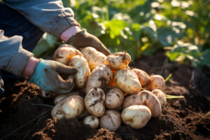 Hands pulling potatoes from the ground - Starpik