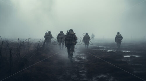 Soldiers with guns in hand on a field in the fog - Starpik