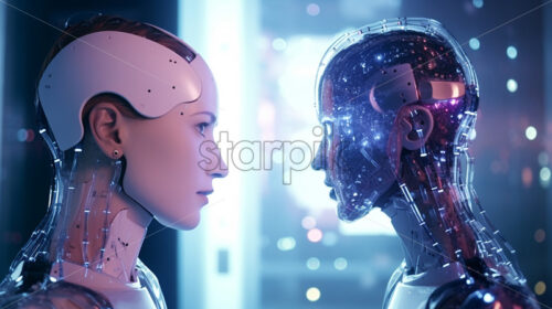 Two robots stand face to face, Artificial Intelligence - Starpik