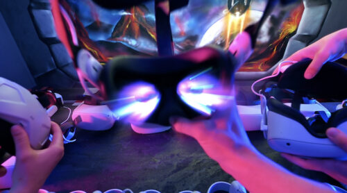 Video – Point of view shot of a team of friends putting on virtual reality headset. Neon lights - Starpik Stock