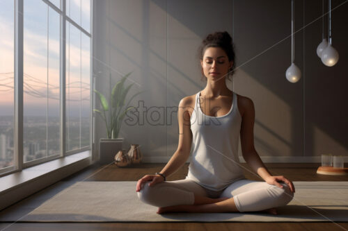 Woman meditating in yoga pose in a a modern studios - Starpik