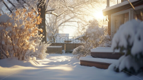 A backyard of a house full of snow - Starpik Stock