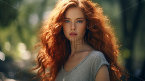 A beautiful girl with red hair in nature - Starpik Stock