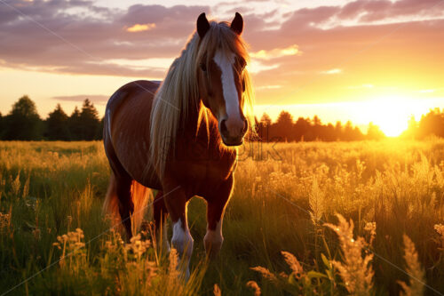 A beautiful red horse, grazing in a field - Starpik Stock
