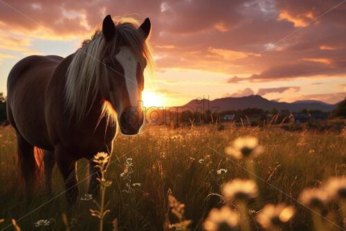 A beautiful red horse, grazing in a field - Starpik Stock