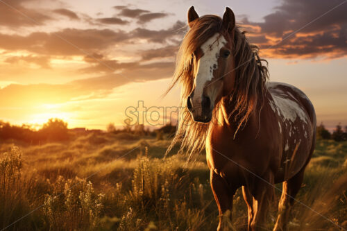 A beautiful red horse, grazing in a field - Starpik Stock