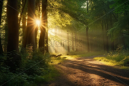 A beautiful sunrise in a forest - Starpik Stock