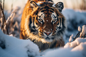 A beautiful tiger walks through the snow - Starpik Stock