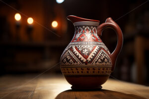 A beautifully ornate clay jug on a wooden table - Starpik Stock