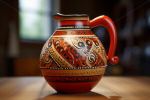 A beautifully ornate clay jug on a wooden table - Starpik Stock