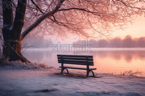 A bench by a lake in winter - Starpik Stock