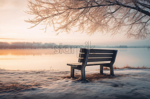 A bench by a lake in winter - Starpik Stock