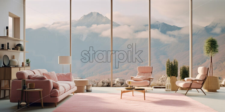 A big window through which you can see the mountains - Starpik Stock
