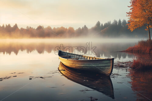 A boat that is on the edge of a lake in the fog - Starpik Stock