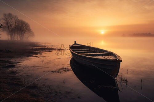A boat that is on the edge of a lake in the fog - Starpik Stock
