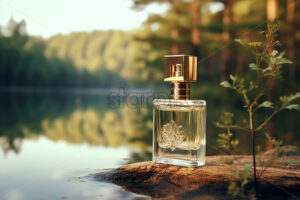A bottle of luxury perfume on the bank of a river in the forest - Starpik Stock