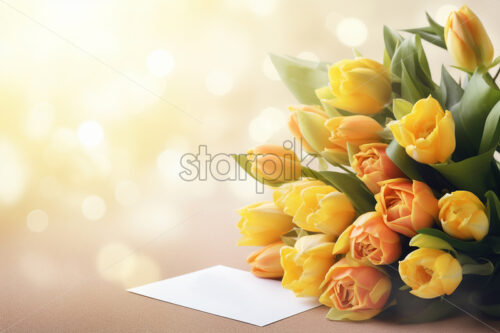 A bouquet of yellow flowers on a table, with a clean text card next to it