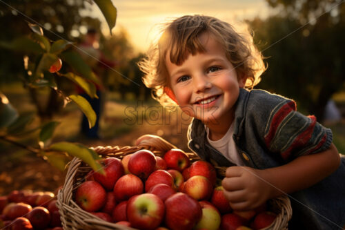 A boy collecting apples in a basket beautiful harvest seasons fall - Starpik