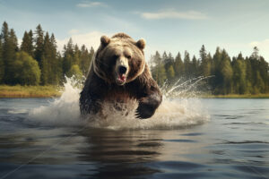 A brown bear fishing in a lake at the foot of the mountains - Starpik Stock