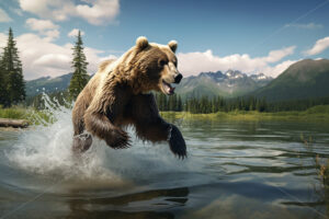A brown bear fishing in a lake at the foot of the mountains - Starpik Stock