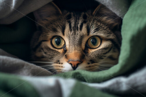 A cat poking its head out from under a duvet - Starpik Stock