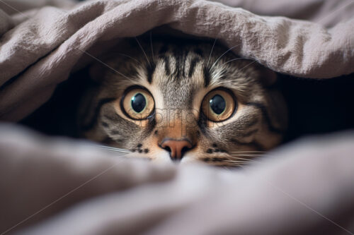 A cat poking its head out from under a duvet - Starpik Stock
