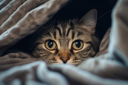 A cat poking its head out from under a duvet - Starpik Stock