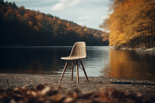 A chair that was on the shore of a lake, in the background an autumn forest - Starpik Stock