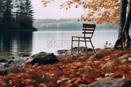 A chair that was on the shore of a lake, in the background an autumn forest - Starpik Stock