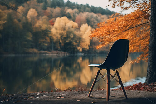 A chair that was on the shore of a lake, in the background an autumn forest - Starpik Stock