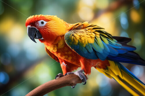 A colorful parrot sitting on the branch of a tropical tree - Starpik Stock