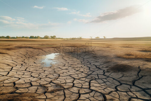 A dry field, with cracked earth and dry vegetation - Starpik Stock