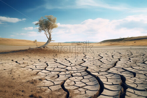 A dry field, with cracked earth and dry vegetation - Starpik Stock