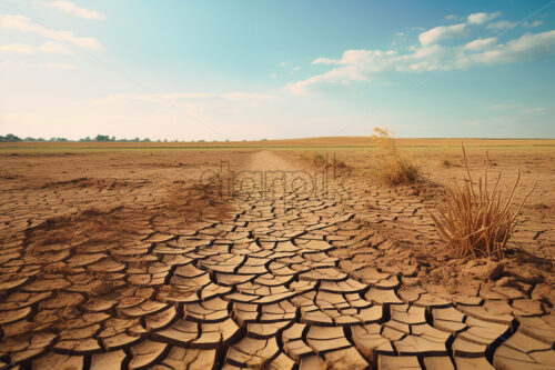 A dry field, with cracked earth and dry vegetation - Starpik Stock